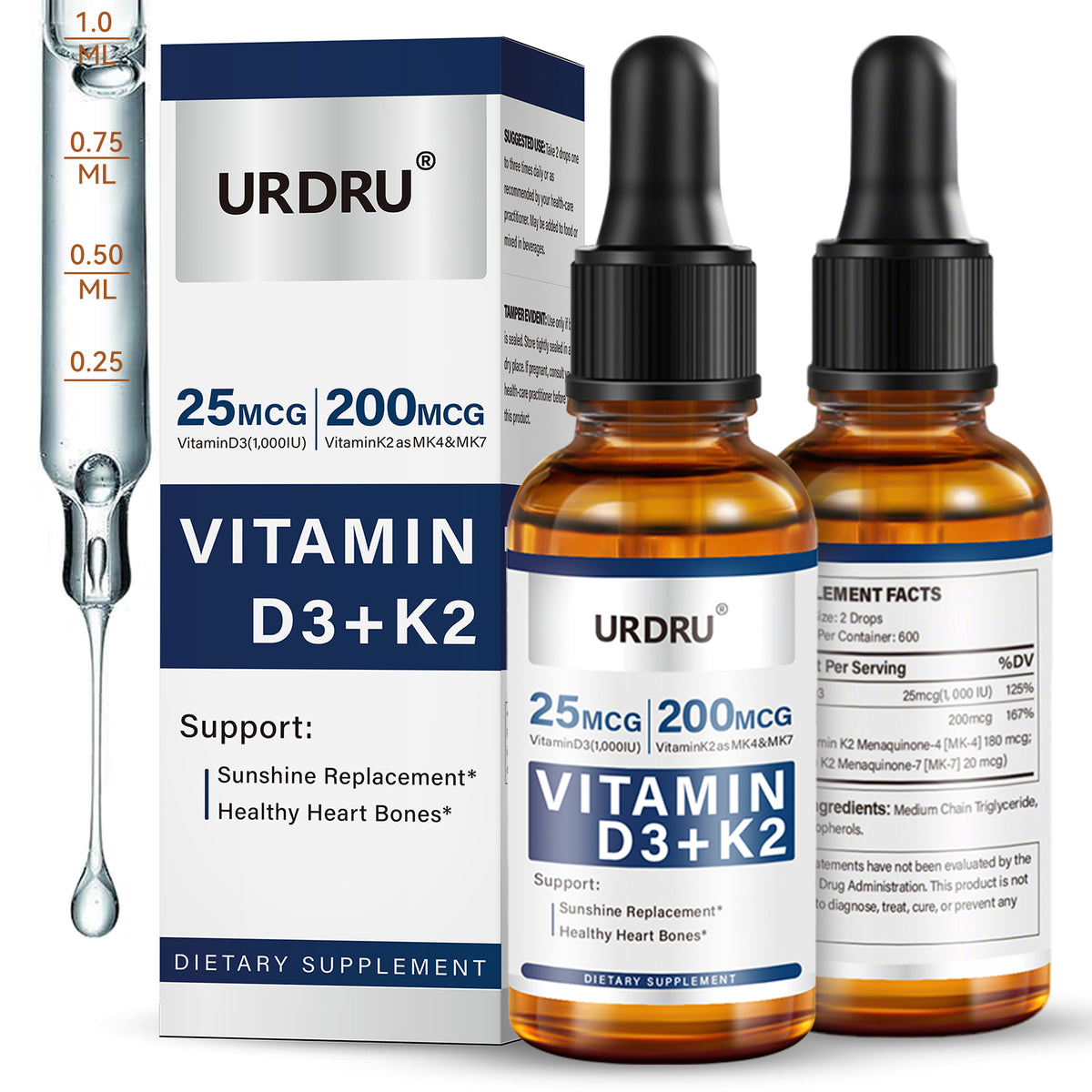 2 pack Vitamin D3 K2 Drops for Adults,Vitamin D (1,000 IU of D3 + K2(180 mcg MK4 +20 mcg MK7)) - 1 FL OZ