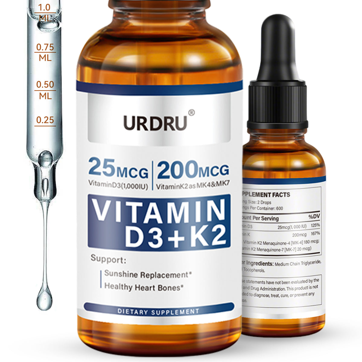 1 FL OZ Vitamin D3 K2 Drops for Adults  Vitamin D (1,000 IU of D3 )+ K2(180 mcg MK4 +20 mcg MK7)