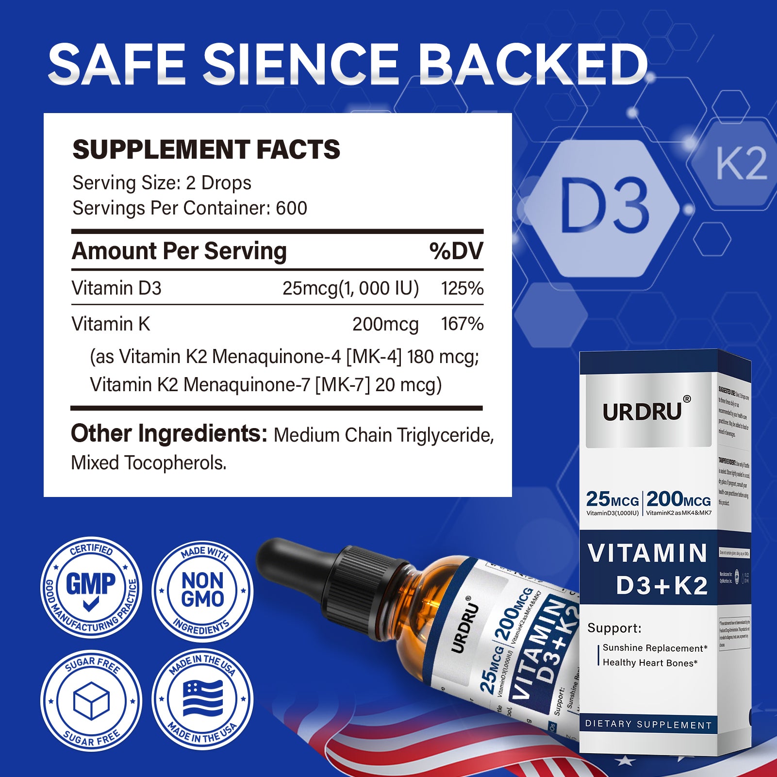 1 FL OZ Vitamin D3 K2 Drops for Adults  Vitamin D (1,000 IU of D3 )+ K2(180 mcg MK4 +20 mcg MK7)