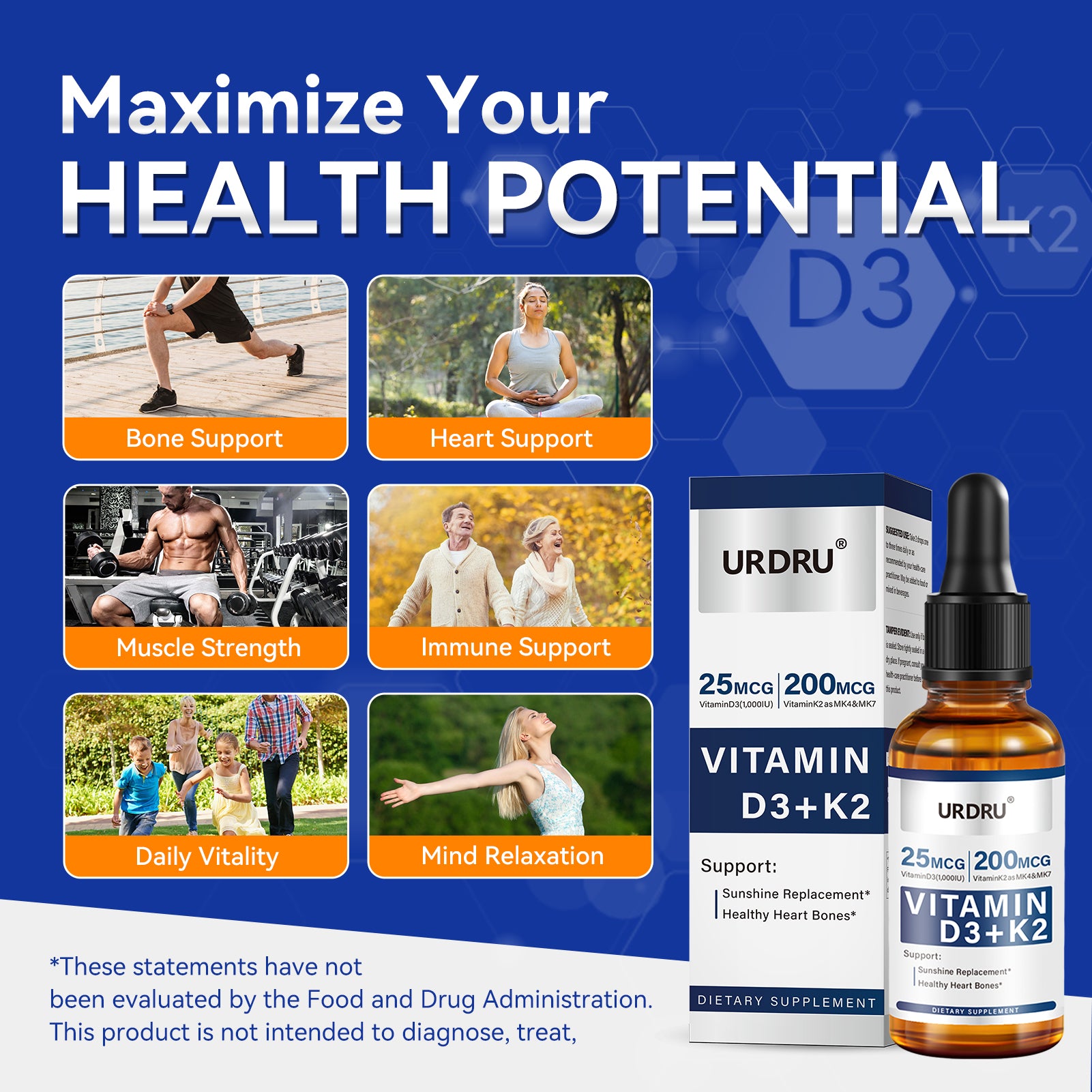 2 pack Vitamin D3 K2 Drops for Adults,Vitamin D (1,000 IU of D3 + K2(180 mcg MK4 +20 mcg MK7)) - 1 FL OZ