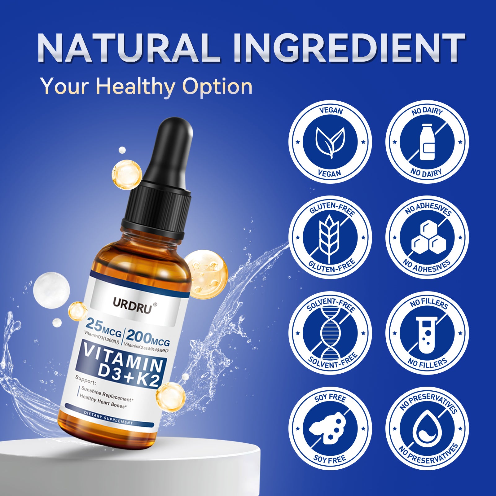 1 FL OZ Vitamin D3 K2 Drops for Adults  Vitamin D (1,000 IU of D3 )+ K2(180 mcg MK4 +20 mcg MK7)