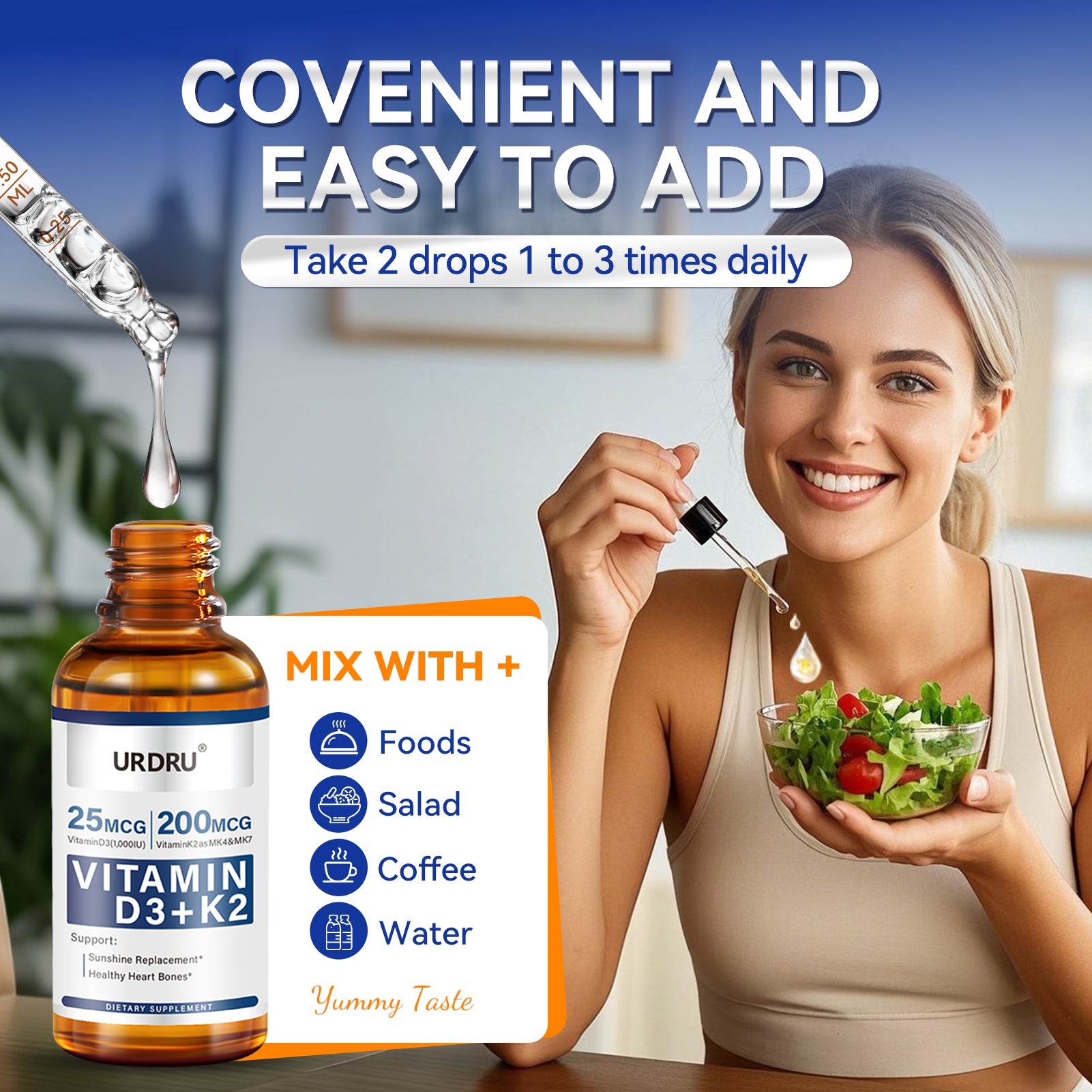 2 pack Vitamin D3 K2 Drops for Adults,Vitamin D (1,000 IU of D3 + K2(180 mcg MK4 +20 mcg MK7)) - 1 FL OZ